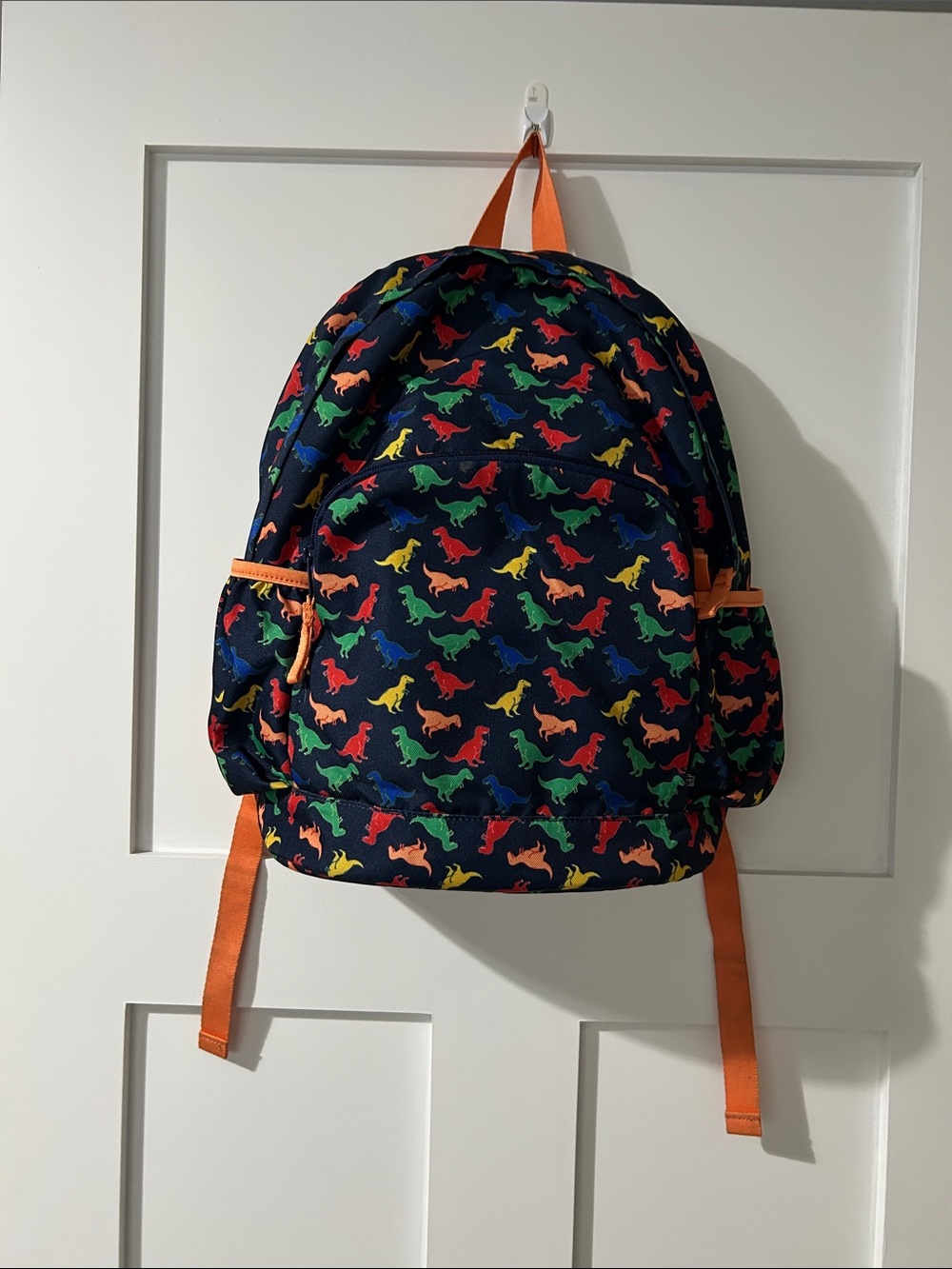 GAP Toddler Navy Backpack with Multicolor Dinosaur Print and Orange Straps